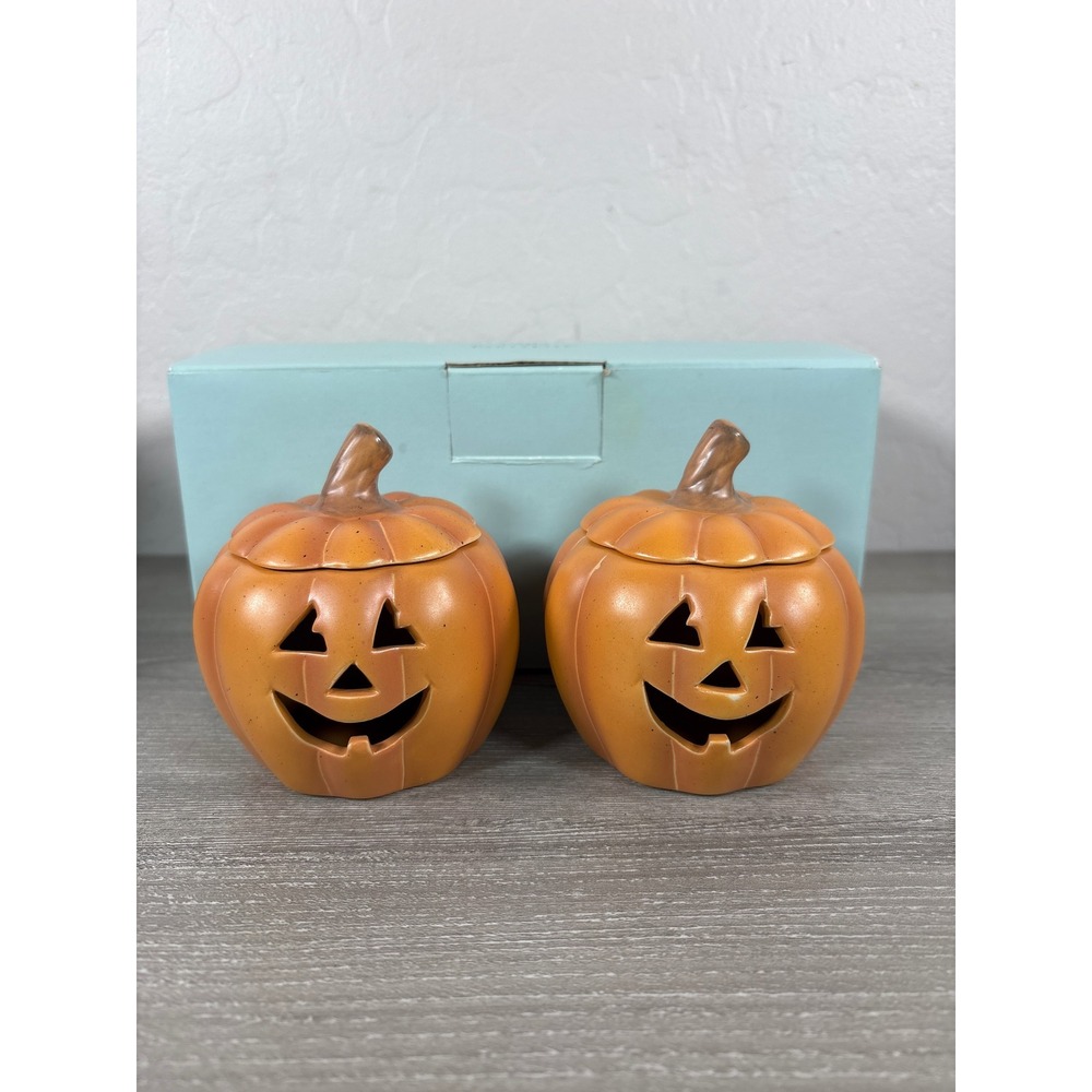 PartyLite Pumpkin Votive Pair P7661 Ceramic Jack-O-Lantern Candle Holders Set 2